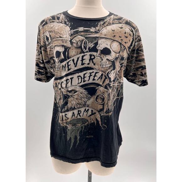 7.62 Design Black/Beige Skull Army "Never Accept Defeat" Graphic Shirt- XL - Picture 1 of 13
